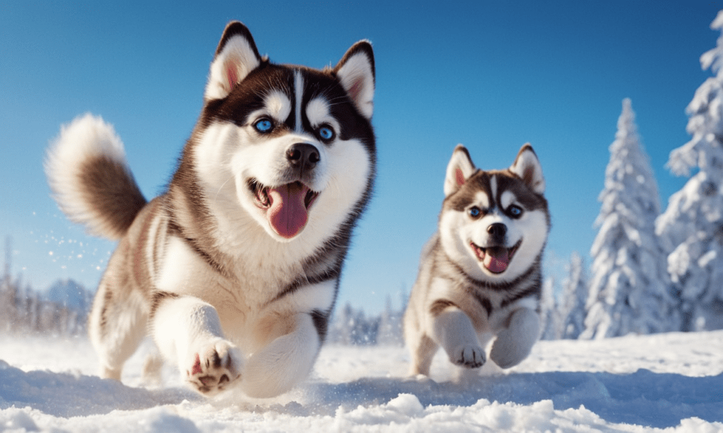 Miniature Siberian Husky engaging in a playful snowball fight with children