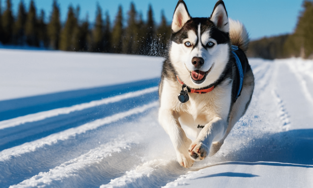 Miniature Siberian Husky racing through a snowy trail, inspired by the dynamic style of Moebius