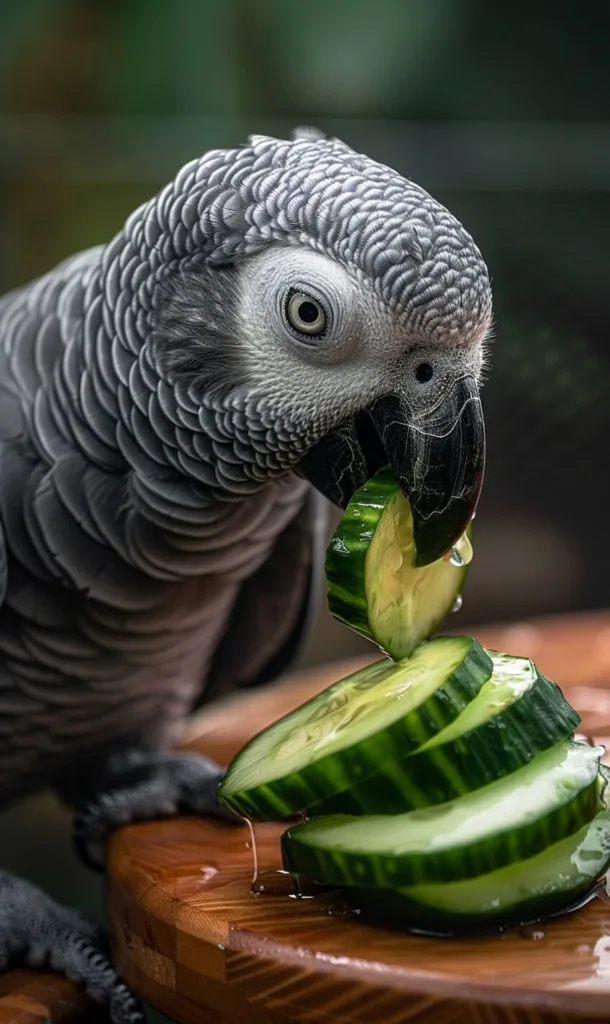 A pet grey parrot eating a cucumber slice