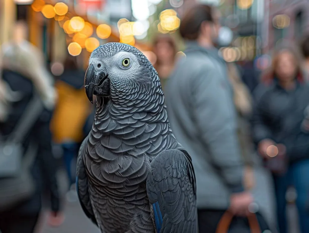 Amid the Sea of Faces, a Pet Grey Parrot Remains Unfazed, Its Vivid Eyes Observing, Reflecting the Unspoken Bond Between It and Its Human